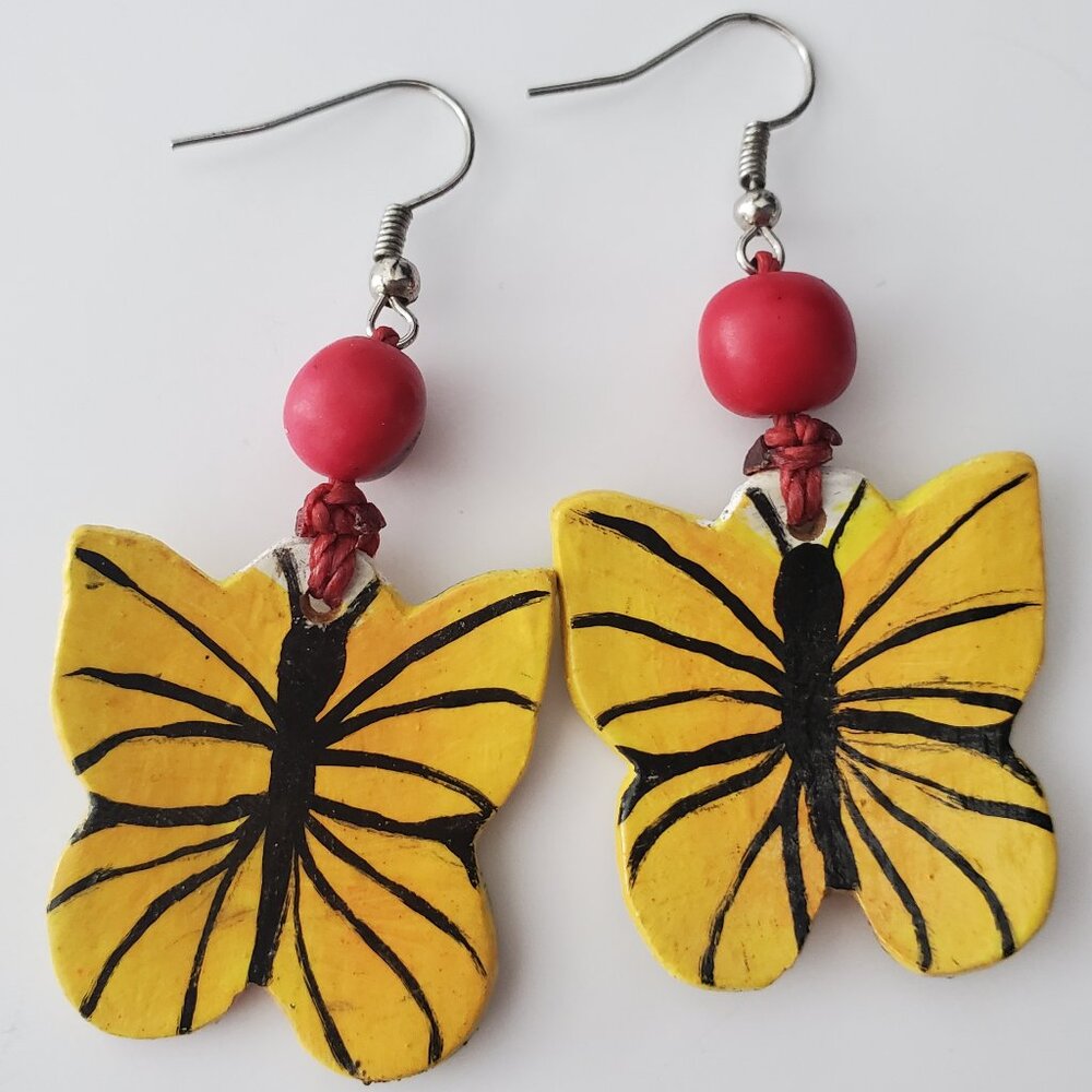 Vintage Large Lacquered Butterfly Earrings Black & Yellow & Red Wood Bead Whimsy